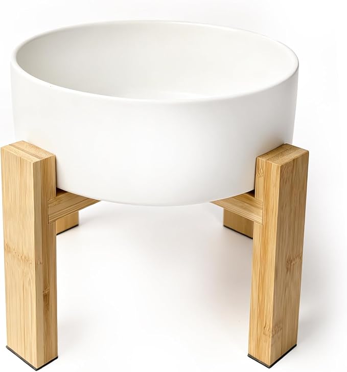 Raised Ceramic Large Dog Bowl - Heavy Weighted Dog Dish with Bamboo Stand - Elevated for Comfortable Feeding - 8.3" W x 8" H - 4.5 Cups (68 fl oz) - White by HCHLQLZ
