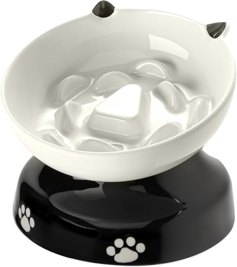 Y YHY Ceramic Cat Slow Feeder, Elevated Dog Food Bowl Tilted Design, Slow Feeder Bowl no Black Chin, Cat Shape for Dry and Wet Food by YYHY