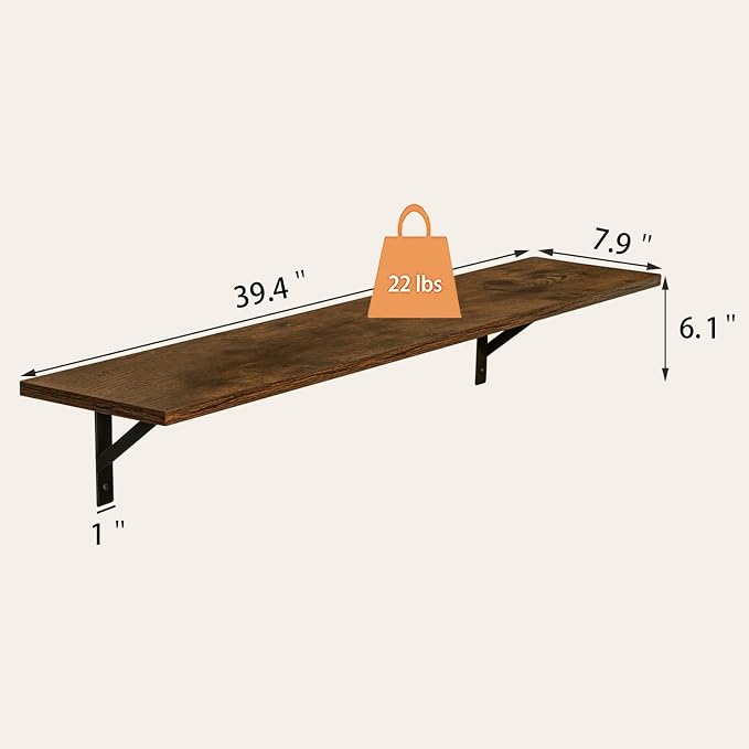 Long Wall Shelves, 39.4 Inch Wall Mounted Shelves with Brackets | Floating Book Shelf, Set of 2, Easy Assembly, Max Load 33lbs, Wall Storage Ledges, Living Room/Bathroom/Bedroom, Rustic Brown - Image 3