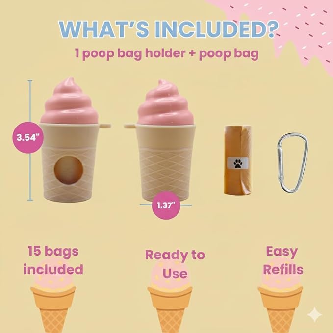 Ice Cream Dog Bag Dispenser | One Clip Doggie Poop Bag Holder | Bags Waste Container for Leash for Small Medium Large All Size Dogs | Cute and Fun Design | 15 Bags Included | Pink Color - Image 4