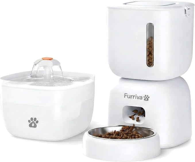 Automatic Cat Feeder and Water Fountain Set, White - 3L Food and Water Dispenser, Locking Lid, Plug-in/Battery Powered, Programmable Portions, 4 Meals/Day, 10s Voice Recorder for Cats and Small Dogs by Unknown