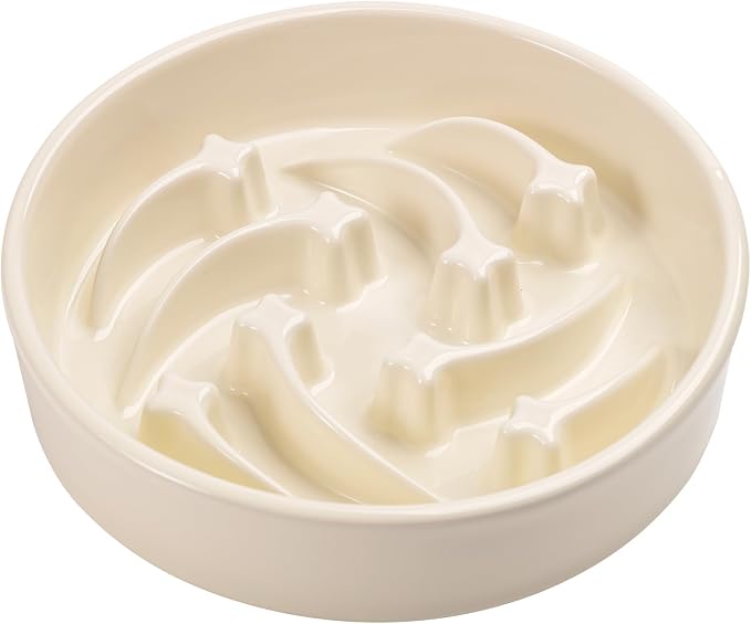8.26 in Milk White Dog Bowl Slow Feeder Ceramic for Medium and Large Breed,Pet Feeding Dog Food Water Dish Heavy Weighted,Puppy Bowl for Fast Eaters,Puzzle Slow Eating Dish Modern Maze Meteor by PetGettingMuchHeathier