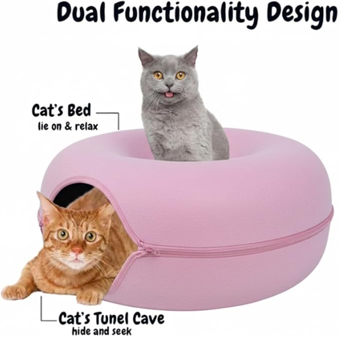Cat Cave, Cat Tunnel Bed, Premium Cave Donut Tunnel Bed Set with Interactive Soft Cat Toys, Donut Design - Ideal Houses for Indoor by Luniko Shop (Pink) - Image 7