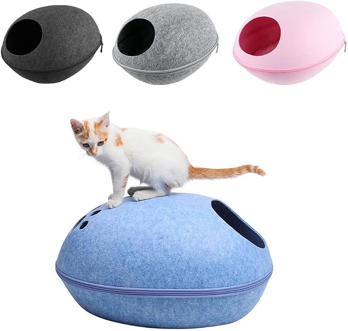 Felt Cat Cave Bed with Removable Cover, Cozy Pet Shelter for Indoor Cats, Zippered Washable Cat House with Roomy Interior (Light Gray, for Cats Under 15 lbs, Eggshell Dome Cat Bed) - Image 4