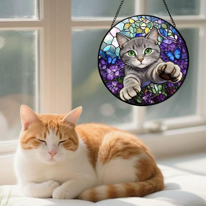 Stained Glass Window Hanging Cat Suncatcher with Butterfly Design, Round Window Hanging Decor, Colorful Sun Catcher for Home, Garden & Gifts for Cat Lovers - Image 5