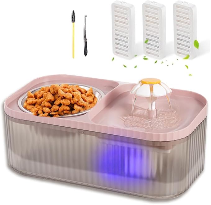 Marchul Cat Water Fountain and Stainless Steel Food Bowl, 100oz/3L Super Quiet Automatic Pet Water Dispenser with Smart Pump and 3 Replacement Filters for Cats and Small Dogs, Pink by Marchul