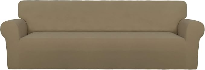 PureFit Stretch Couch Covers for Sofa 4 Seater Slipcovers Tan | 1-Piece Sofa Cover Washable Soft Couch protector, Couch Slipcover with Non Skid Foam and Elastic Bottom for Kids, Dogs by PureFit