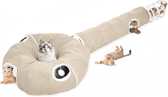 Ownpets 2-in-1 Cat Tunnel Large Lollipop Collapsible Cave Plush,12"D, Beige | Foldable Tunnel Bed, Fluffy Ball, Multi-Exit Maze, For Cats Kittens Puppies Rabbits, Soft Plush, Easy Store, Cozy Hiding Spot by Ownpets
