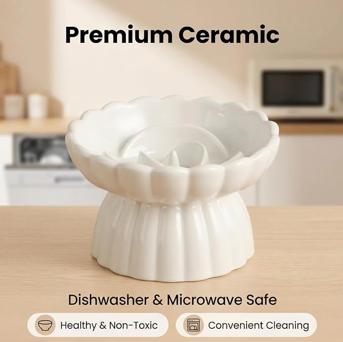Ceramic Cat Slow Feeder, Raised Slow Feeder Cat Bowl, Anti Vomiting and Whisker Friendly Kitty Dish, Elevated Puppy Kitten Food Bowl for Dry and Wet Food (White) - Image 3