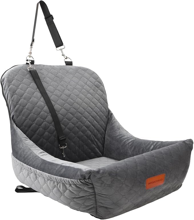 WOOAIDAGG Dog Car Seat,Fully Detachable and Washable Cover,Easy to Assemble,Comfy Cushion Fill in Memory Foam,2 Clip-On Safety Leashes and Storage Pockets (Grey) by WOOAIDAGG