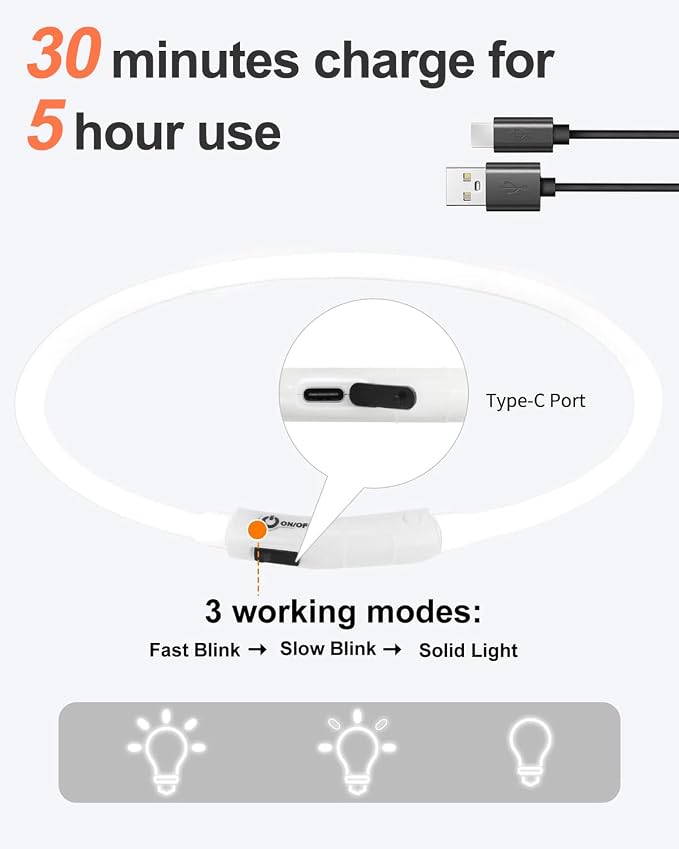 Joytale Light Up Dog Collar, LED Silicone Cut-to-Fit Rainproof, White | Soft Skin-Friendly Won't Chafe, 360° Glow Keeps Dogs Visible at Night, 3 Modes, Rechargeable USB-C, Small Medium Large Dogs - Image 4