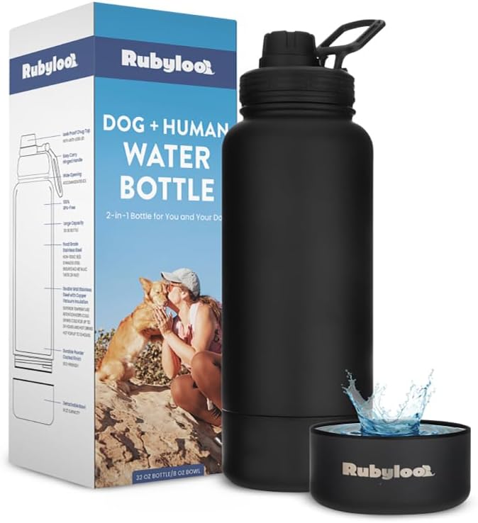 Rubyloo Dog Water Bottle with Detachable Bowl for Dog Lovers, Solid Black | 32oz Insulated Stainless Steel Bottle, 8oz Detachable Bowl, Leak-Proof Lid, BPA-Free, Hiking, Walking, Travel, Gift by Rubyloo