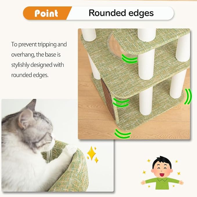 Mordern Cat Tree Tower, Freestanding, Cushioned Bed, Large Base, for Multiple Cats, Compact,Winter and Summer Use, Summer Mat Included, for Large Cats (Olive Green, Height 135cm) - Image 6