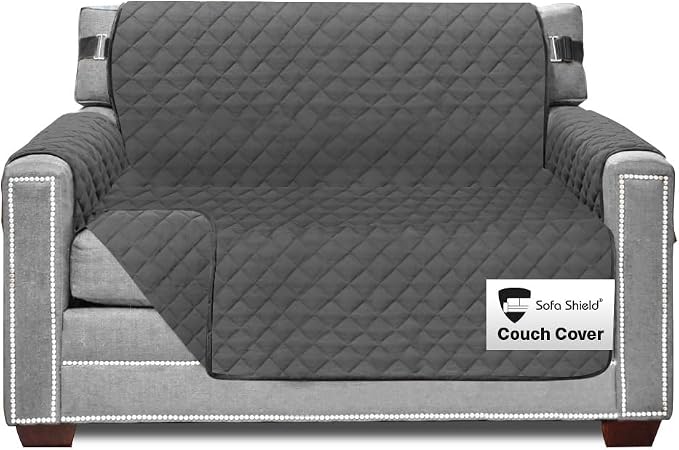 Sofa Shield® Couch Chair and Half Slip Cover for Dogs with Strap, Charcoal | Reversible Furniture Protector, Stain and Tear Resistant Cushion Cover, Machine Washable Slipcover for Pets, Cats 70 inch by SofaShield