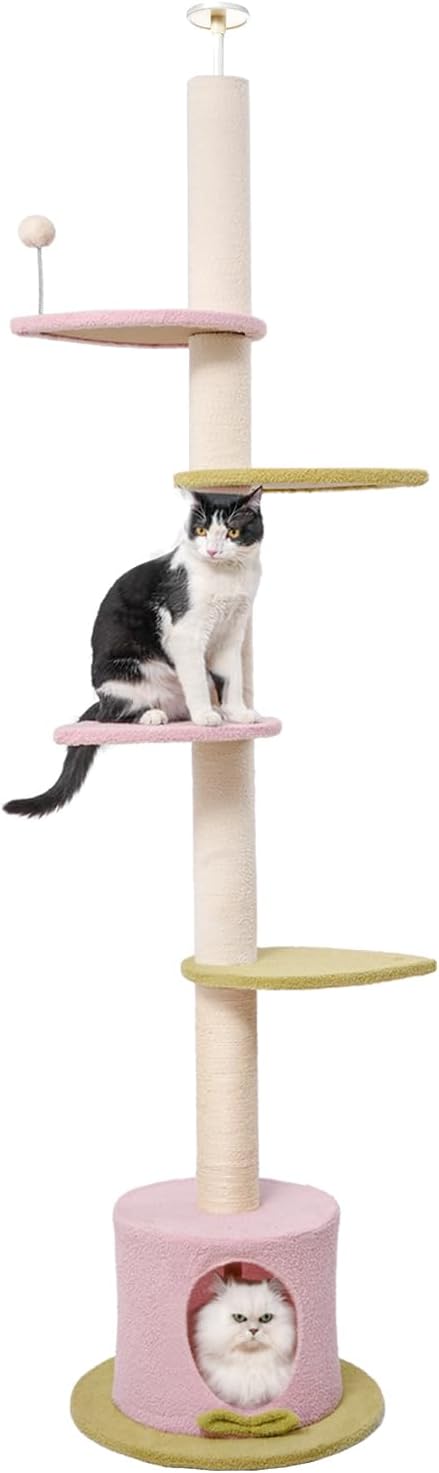 Max & Marlow 95-108" Floor to Ceiling Adjustable Cat Tree, Pink | 4 climbing platforms, sisal scratching post, Space Saving, Stable Tension Pole, Tower for indoor cats by MaxMarlow