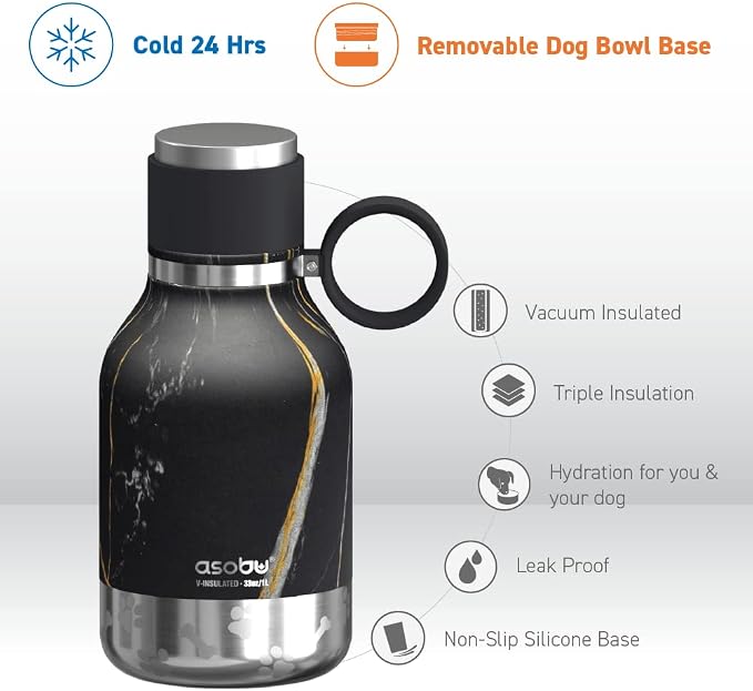 Asobu Buddy Bottle a Stainless Steel Insulated Water Bottle for with Removable Dog Water Bowl and Dog Food and Treat Storage Bowl (Midnight Marble, 37 oz Water Bottle with Bowl) - Image 3
