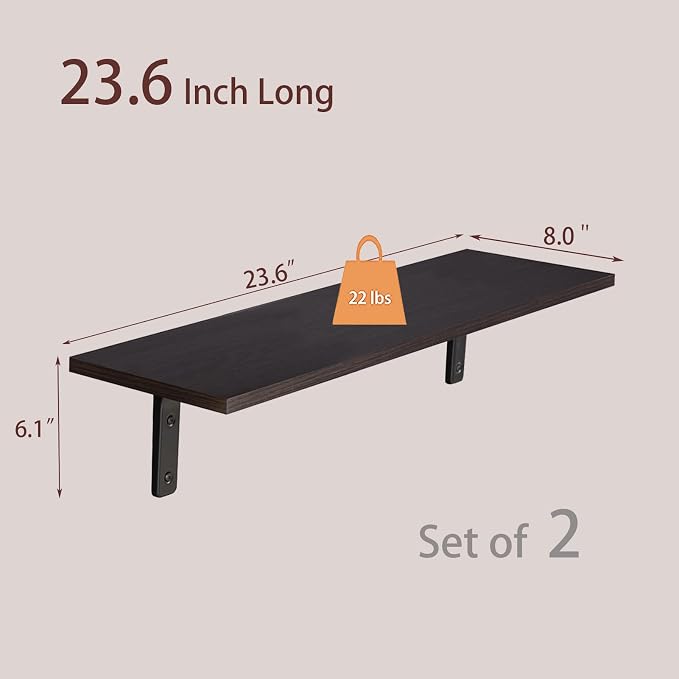 Long Wall Shelves, 23.6Inch Wooden Wall Mounted Shelves, Set of 2 | Floating Book Shelves, Metal Brackets, Easy Assembly, Max Load 22lbs, Wall Storage Ledges, Bedroom/Bathroom/Kitchen, Espresso - Image 3