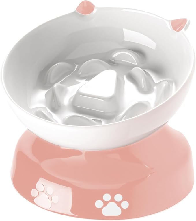 Y YHY Ceramic Slow Feeder Cat Bowl, Elevated Cat Bowl Tilted Design Slow Feeder for Dog and Cat for Dry and Wet Food, Pink by YYHY