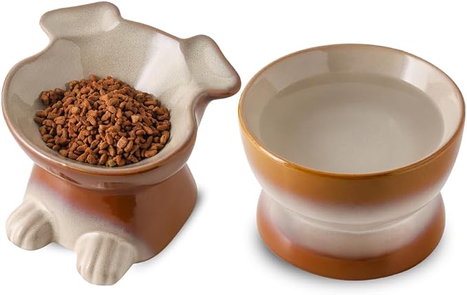 Nihow Dog Food & Water Bowls: Elevated Ceramic Bowls for Medium/Small Dog | Food Safe Raised Puppy Bowls - Brown Pet Bowl for Protecting Pet's Spine (Set of 2) by Nihow