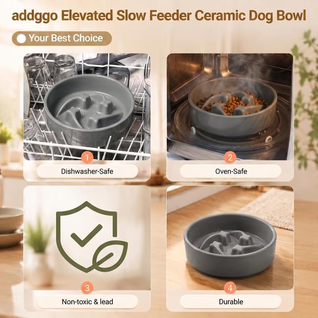 Elevated Ceramic Slow Feeder Dog Bowls Anti-Choking Slow Feeding for Small&Medium Size Anti-Slip Non-Lead & Toxic Durable Easy to Clean Maze Slow Feeder Bowl（8.26in Gray Stars Pattern） - Image 5
