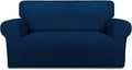 PureFit Stretch Loveseat Covers Fleece Couch Covers for Sofa Navy | 1-Piece Sofa Slipcover Soft Couch Protector, Sofa Cover Washable with Non Skid Foam and Elastic Bottom for Kids, Dogs by PureFit