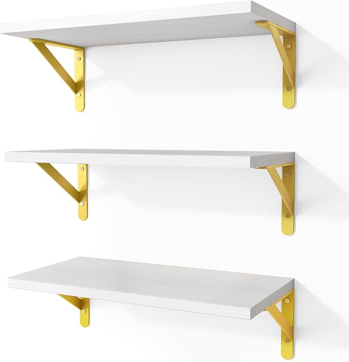 Fixwal Wall Floating Shelves for Home Decor (White, Set of 3, 16.5 Inch) | Wood Shelves, Natural Grain, 40Lb Capacity, Sturdy Triangle Brackets, Versatile for Any Room by Fixwal