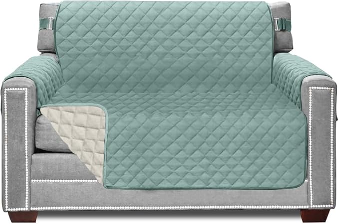 Sofa Shield® Couch Chair and Half Slip Cover with Strap, Seafoam Cream | Reversible Furniture Protector, Stain and Tear Resistant Cushion Cover, Machine Washable Slipcover for Pets, Cats 70 inch by SofaShield