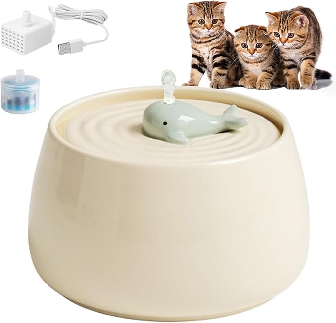 Ceramic Automatic Pet Water Fountain, 45oz/1.3L White Water Bowl | Ultra Quiet Cat Water Fountain with Activated Carbon Filter, Pet Drinking Water Dispenser Perfect for for Cats and Small Dog by HMRCYTE