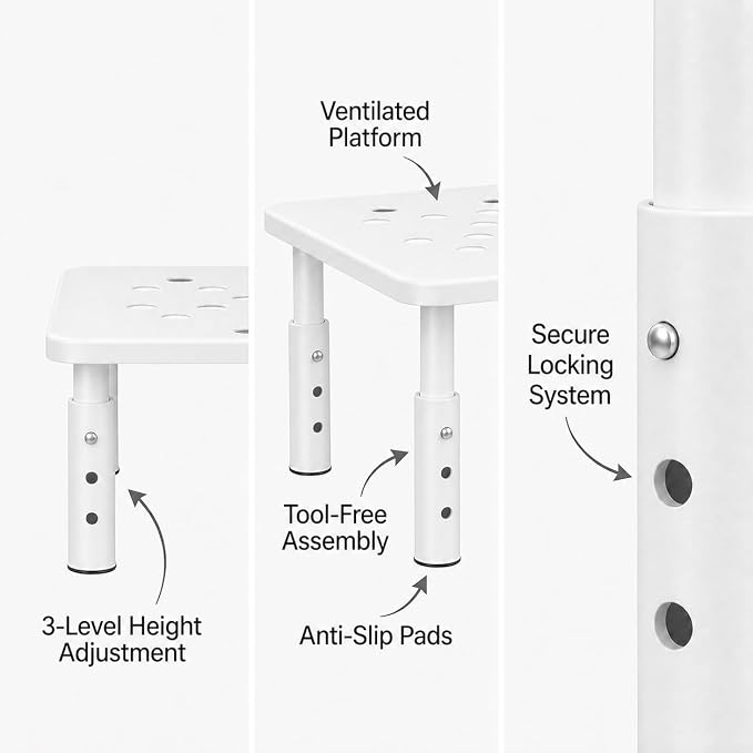 Raised Automatic Cat Feeder Stand for Double Bowl Feeders, Carbon Steel 14.57 x 9.25 in, 3 Adjustable Heights 4.13-5.71 in, Non-Slip, Fits Feeders & Water Dispensers, No-Drill (White) - Image 2