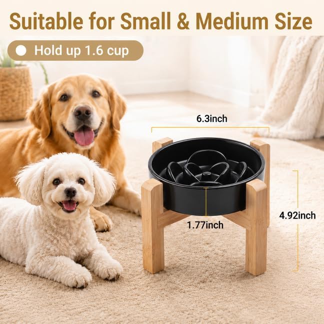 Elevated Ceramic Slow Feeder Dog Bowls Anti-Choking Slow Feeding for Small&Medium Size Anti-Slip Non-Lead & Toxic Durable Easy to Clean Maze Slow Feeder Bowl（8.26in Black Flower Pattern） - Image 3