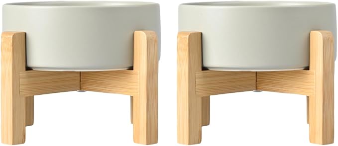 SPUNKYJUNKY Ceramic Elevated Dog Bowls 2 Pack - 5.1inch Raised Dog Bowls with Non-Slip Wooden Stand for Small Dogs Dishwasher Safe(Grey,13.5OZ*2) by SPUNKYJUNKY