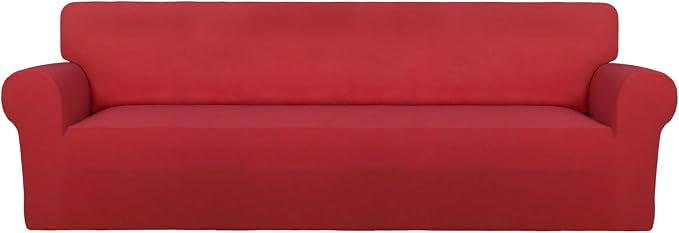 PureFit Stretch Couch Covers for Sofa 4 Seater Slipcovers Red | 1-Piece Sofa Cover Washable Soft Couch protector, Couch Slipcover with Non Skid Foam and Elastic Bottom for Kids, Dogs by PureFit