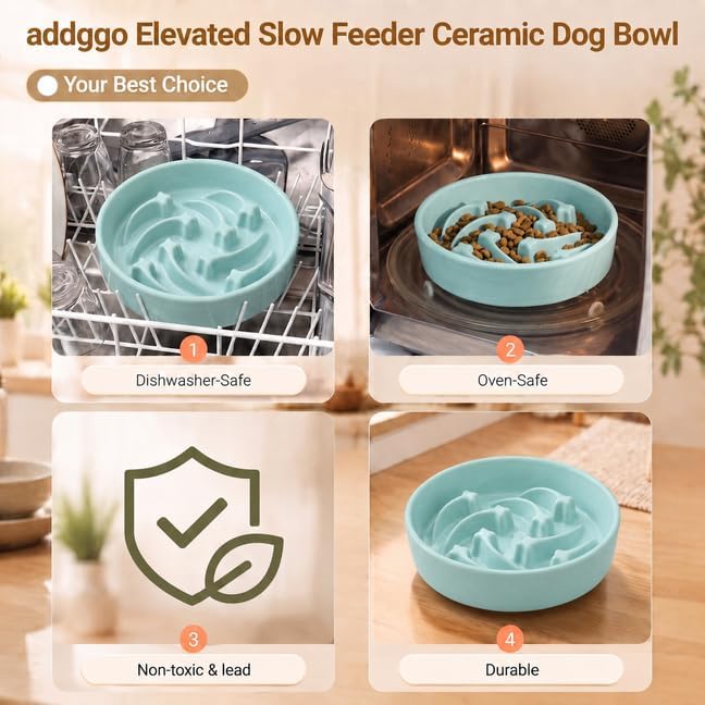 Elevated Ceramic Slow Feeder Dog Bowls Anti-Choking Slow Feeding for Medium& Large Anti-Slip Non-Lead & Toxic Durable Easy to Clean Maze Slow Feeder Bowl（8.66in Mint Blue Stars Pattern） - Image 5