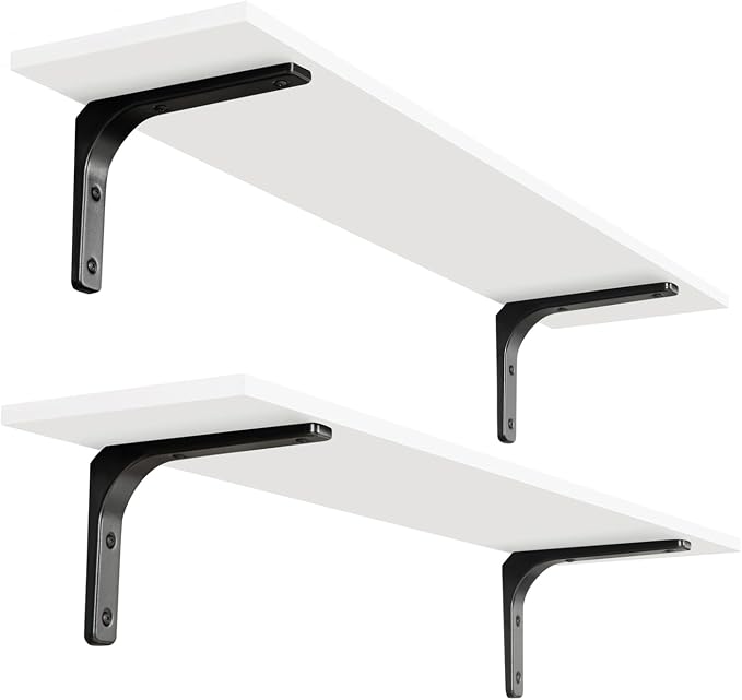Long Wall Shelves, 31.5Inch Wooden Wall Mounted Shelves, Set of 2 | Floating Book Shelf, Sturdy Metal Bracket Easy Assembly, Max Load 22lbs, Wall Storage Ledges, Bedroom/Bathroom/Kitchen, White by DINZILVJ