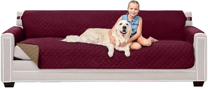 Sofa Shield® Couch Jumbo Sofa Slip Cover for Dogs with Strap, Burgundy Tan | Reversible Furniture Protector, Stain and Tear Resistant Cushion Cover, Machine Washable Slipcover for Pets, Cats 70 inch by SofaShield