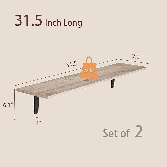 Long Wall Shelves, 31.5Inch Wooden Wall Mounted Shelves, Set of 2 | Floating Book Shelf with Metal Brackets, Easy Assembly, Max Load 22lbs, Wall Storage Ledges, Bedroom/Bathroom/Kitchen, Greige - Image 3