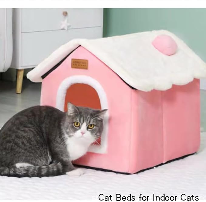 Cat Bed Cave, Cute Christmas Cat Beds for Indoor Cats, Pink | Pet House Cats Tent with Removable Cushion Pillow for Kittens Puppy Small Dogs - Image 2