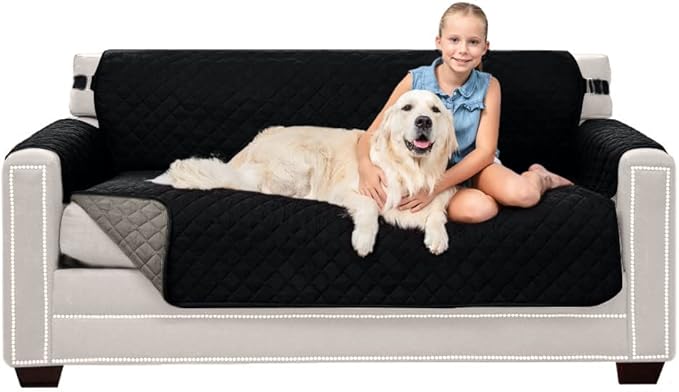 Sofa Shield® Couch Small Sofa Slip Cover for Dogs with Strap, Black Gray | Reversible Furniture Protector, Stain and Tear Resistant Cushion Cover, Machine Washable Slipcover for Pets, Cats 70 inch by SofaShield