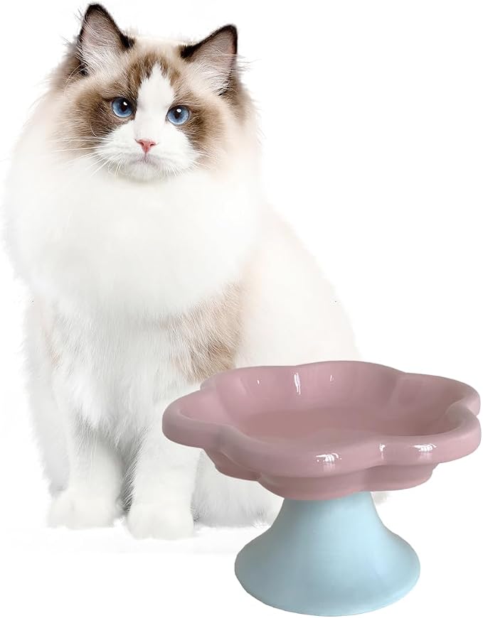 Ceramic Elevated Cat Bowls Flower Dish,Small Raised Dish.Flower Ceramic Raised Bowls for Cats and Small Dogs reducing pet’s Neck Bending and Pressure（Pink Blue） - Image 2
