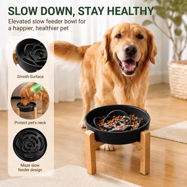 Elevated Ceramic Slow Feeder Dog Bowls Anti-Choking Slow Feeding for Medium& Large Anti-Slip Non-Lead & Toxic Durable Easy to Clean Maze Slow Feeder Bowl（8.66in Black Flower Pattern） - Image 2