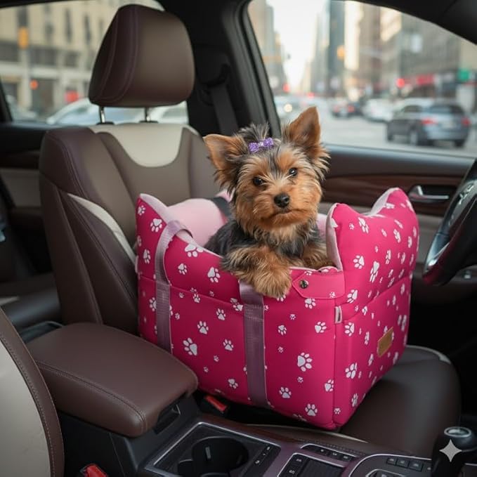Center Console Dog Car Seat for Small Medium Dogs Up to 21 Lbs | Memory Foam Booster With Safety Leash, Washable Cover, Rose Red - Image 2