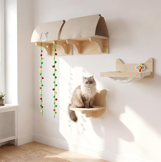 Cat Wall Shelves, Modern Wooden Cat Furniture with Cat Tunnel Platform, Interactive Cat Climbing System & Floating Perch for Indoor Cats - Image 3