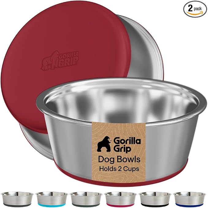 GORILLA GRIP Dog Bowls, Food Grade Stainless Steel, Set of 2, 2 Cup, Red | 304 Stainless Steel Pet Feeding Bowls Hold 16 fl oz Each, Dishwasher Safe, Rust Resistant, BPA Free Rubber Base by Unknown