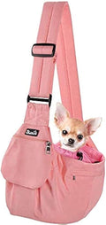 SlowTon Pet Carrier, Hard Bottom Support & Adjustable Padded Shoulder Strap | Dog Sling Carrier, Dog Purse with Drawstring Opening & Safety Belt, Zipper Pocket, for Small Puppy Cat up to 9lbs, Peach by SlowTon