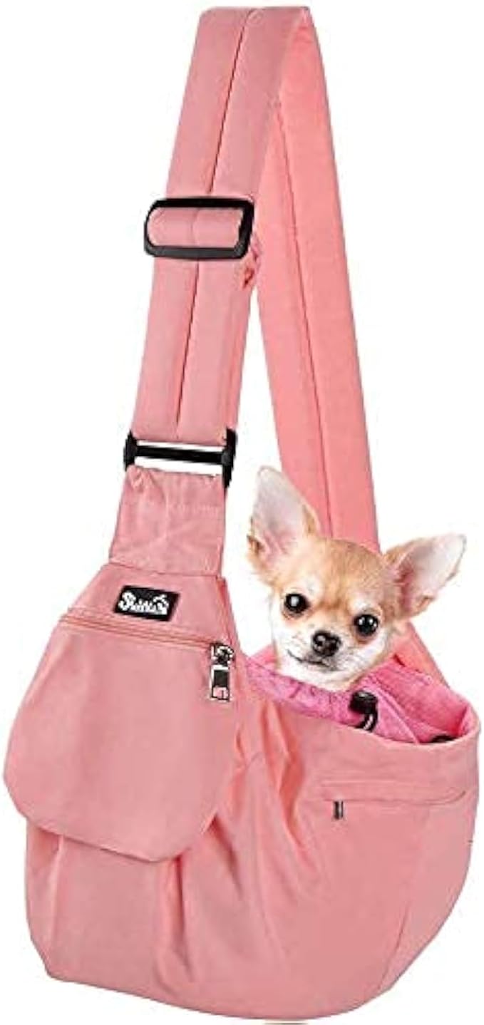 SlowTon Pet Carrier, Hard Bottom Support & Adjustable Padded Shoulder Strap | Dog Sling Carrier, Dog Purse with Drawstring Opening & Safety Belt, Zipper Pocket, for Small Puppy Cat up to 9lbs, Peach by SlowTon