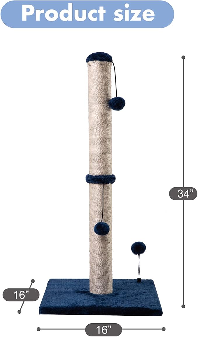MECOOL 34“ Tall Cat Scratching Post Premium Basics Kitten Scratcher Sisal Scratch Posts Trees with Hanging Ball for Indoor Cats, Navy - Image 5