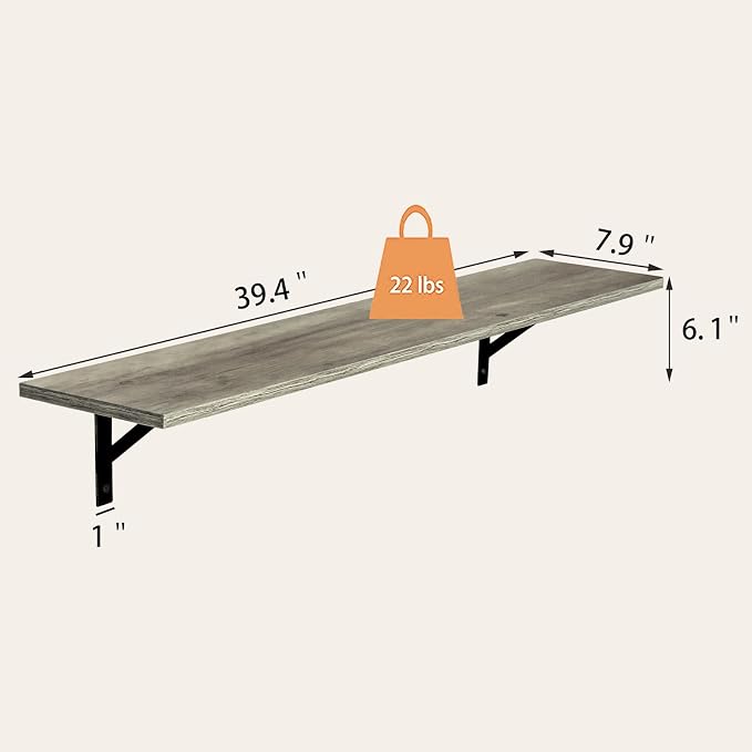 Long Wall Shelves, 39.4 Inch Wall Mounted Shelves with Brackets | Floating Book Shelf Set of 2, Easy Assembly, Max Load 33lbs, Wood Wall Storage Ledges, Living Room/Bathroom/Bedroom Gray Wash - Image 3