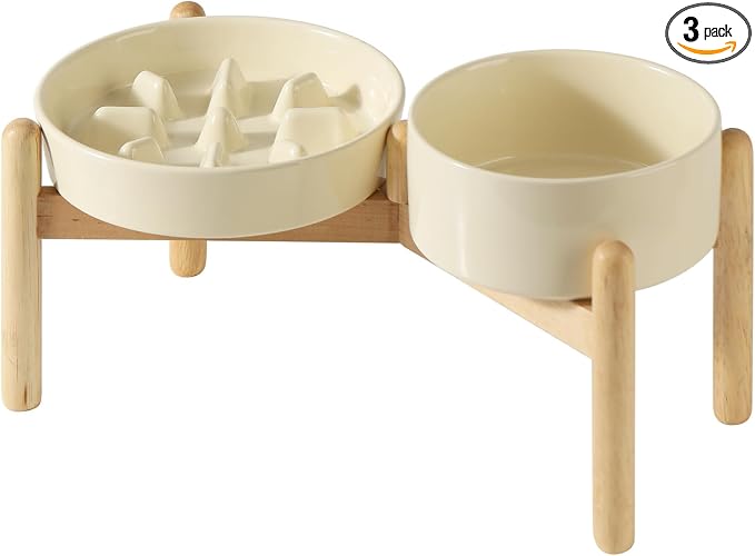Havniva Elevated Slow Feeder Dog Bowls, Ceramic Dog Bowl Slow Feeder Set | 1.2 Cups Raised Slow Feeder Dog Bowl for Small Breed, 6.1” Dog Water Bowl with Wooden Stand, Puzzle Dog Food Bowl, Non-slip by Havniva
