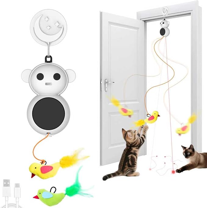 Automatic Laser Cat Toy with Interactive Flying Bird Feather, Natural White | Catpick toy Doorway Toys with Hanging Feather Bird for Exercise& Enrichment, for Indoor Adult Cats by Unknown