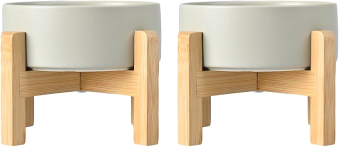 SPUNKYJUNKY Ceramic Elevated Dog Bowls 2 Pack - 6.1inch Raised Dog Bowls with Non-Slip Wooden Stand for Medium Dogs Dishwasher Safe(Grey,28.7OZ*2) by SPUNKYJUNKY